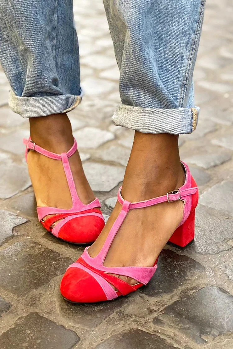 Colorblock Hollow Out T-Strap Buckle Fuchsia Chunky Heels