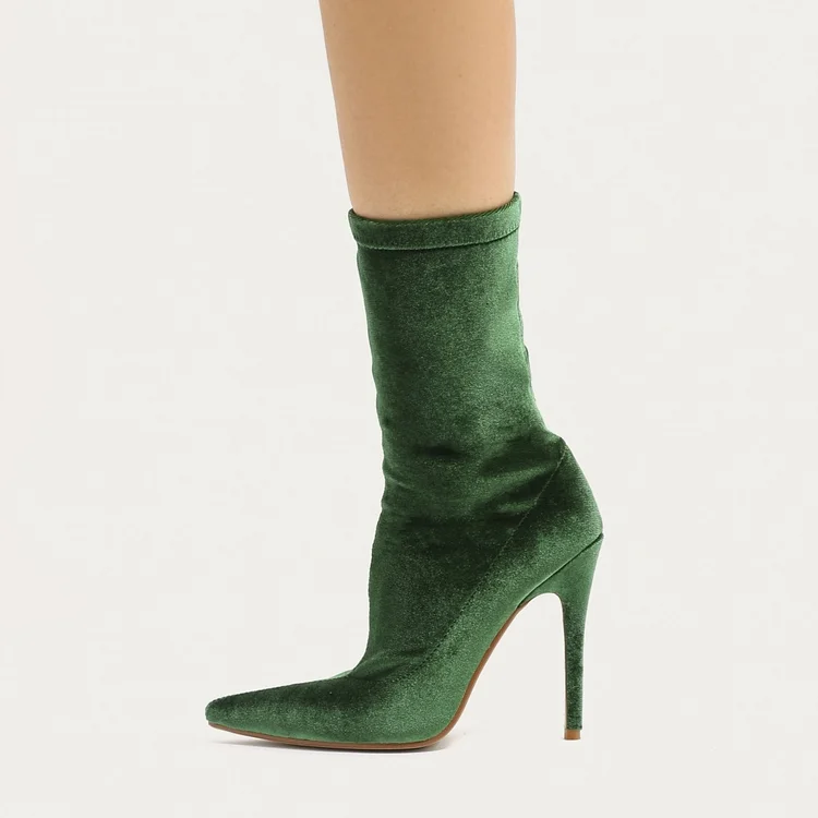 Green Velvet Stiletto Heels Sock Boots Pointy Toe Ankle Boots |FSJ Shoes