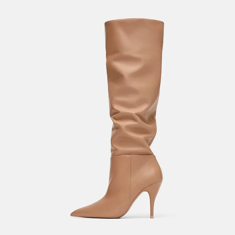 Tan Slouch Boots Pointy Toe Stiletto Heel Knee High Boots |FSJ Shoes