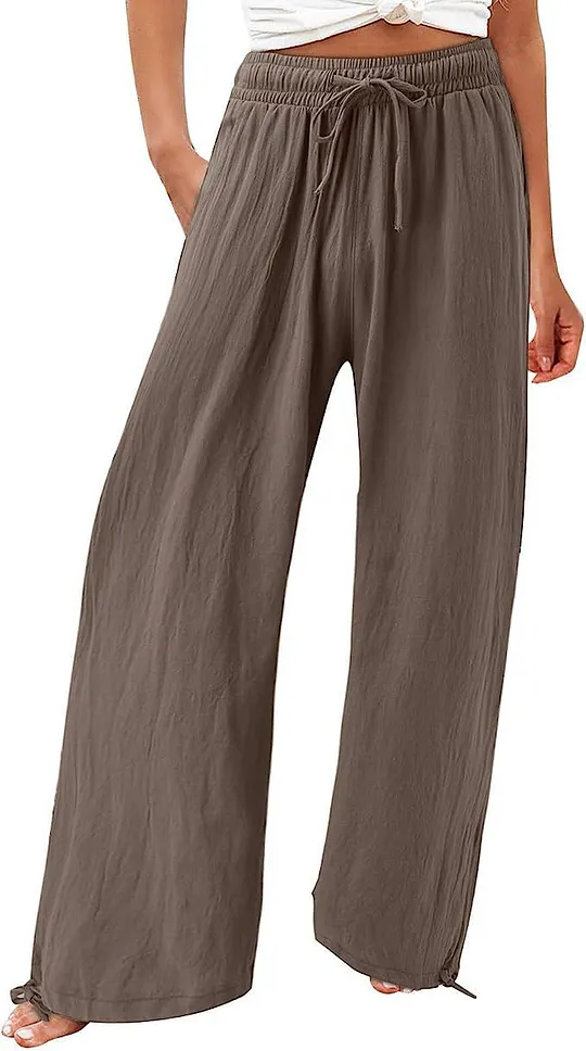 Summer Casual Loose Beach Pants Women's Wide Leg Pure Color Rope Detailing Long Trousers Comfortable Loose Fit Beachwear