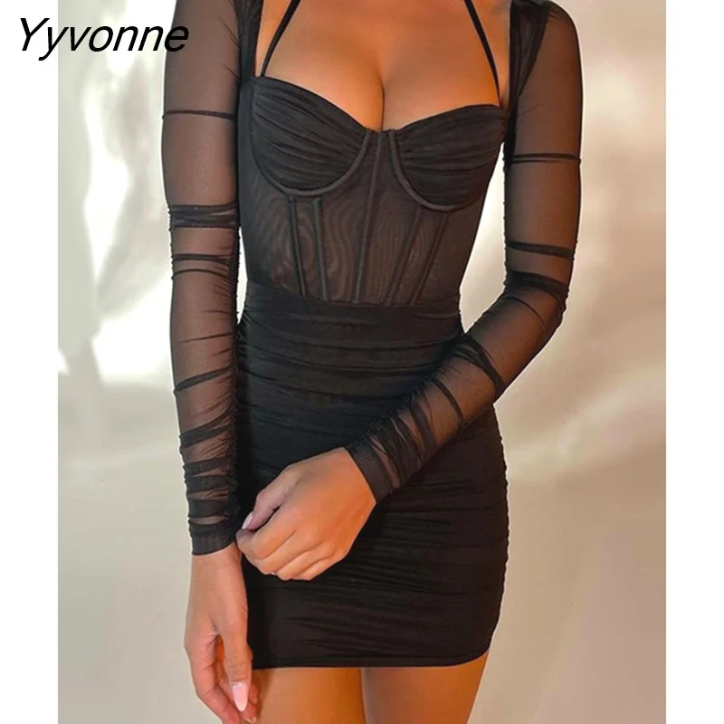 Yyvonne Sexy Sheer Mesh Square Collar Halter Corset Mini Dress Women