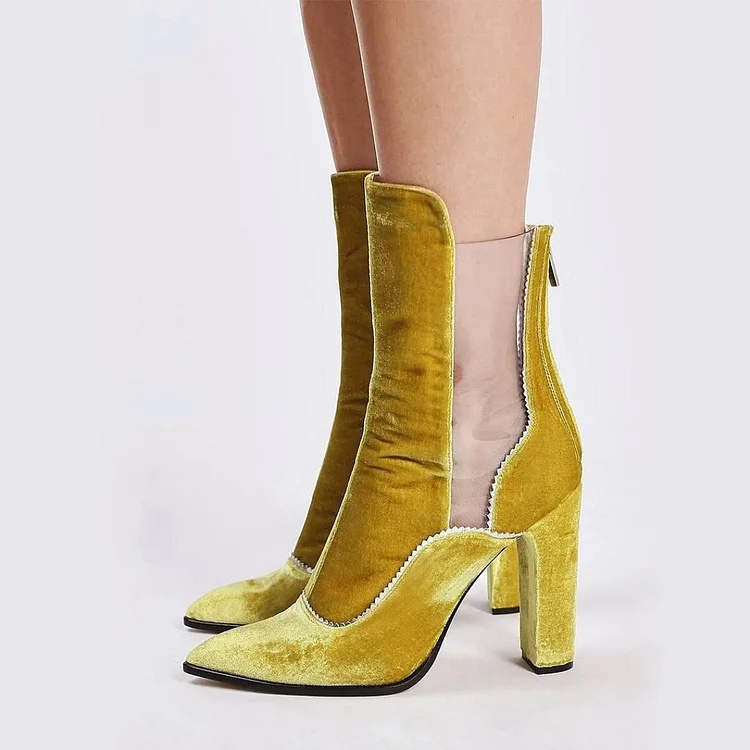 Gold Velvet Clear Chunky Heel Ankle Boots Vdcoo