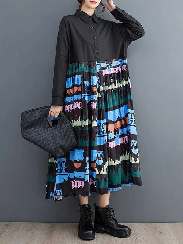 Buttoned Pleated Stamped Split-Joint A-Line Long Sleeves Lapel Midi Dresses