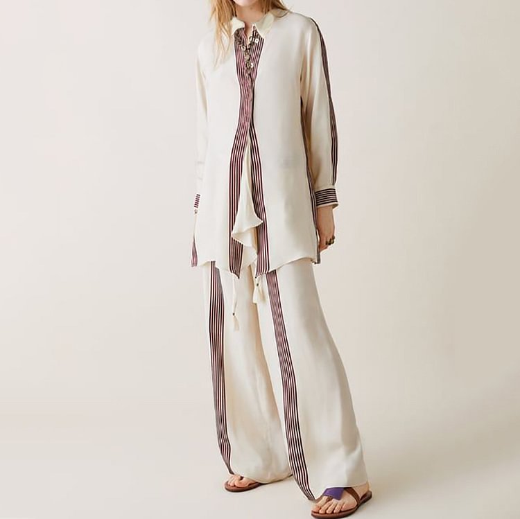 VChics Fashion Paneled Stripe Print Shirt Two-Piece Set