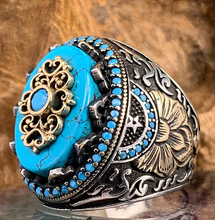 Vintage Handmade Carved Inlaid Blue Turquoises Stone Rings