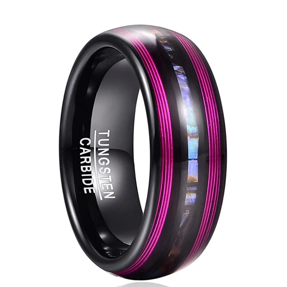 8mm Purple Guitar Strings Tungsten Carbide Rings With Abalone Shell Inlay Men's Wedding Bands