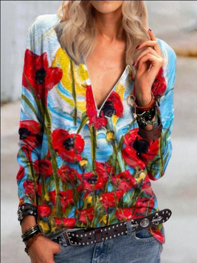 Flower Print V neck Long Sleeve Vintage Blouse For Women P1773339