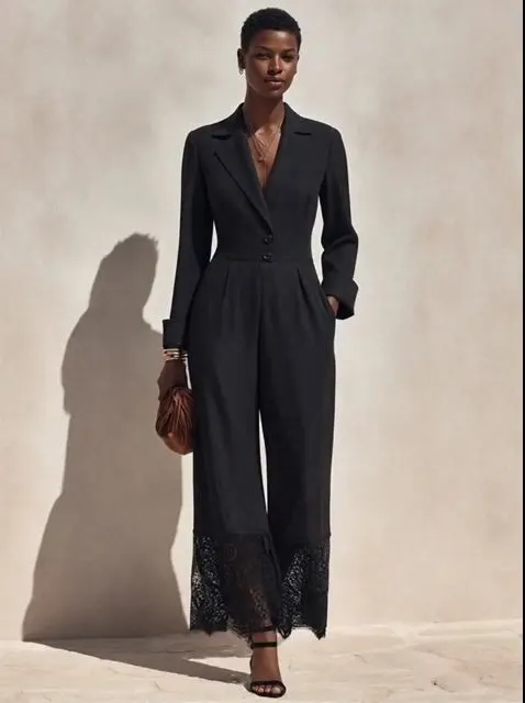 Women's Minimalist Long-Sleeve Wide-Leg Jumpsuit With Notch Lapel And Lace-Trimmed Hems MD