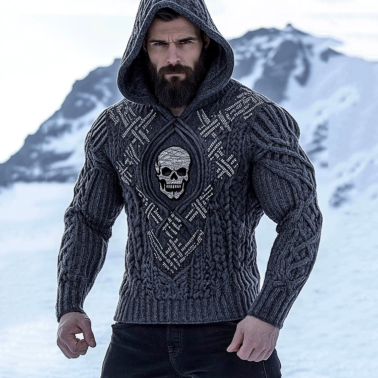 Men's Viking Tribal Celtic Skull Knit Cozy Hooded Sweater