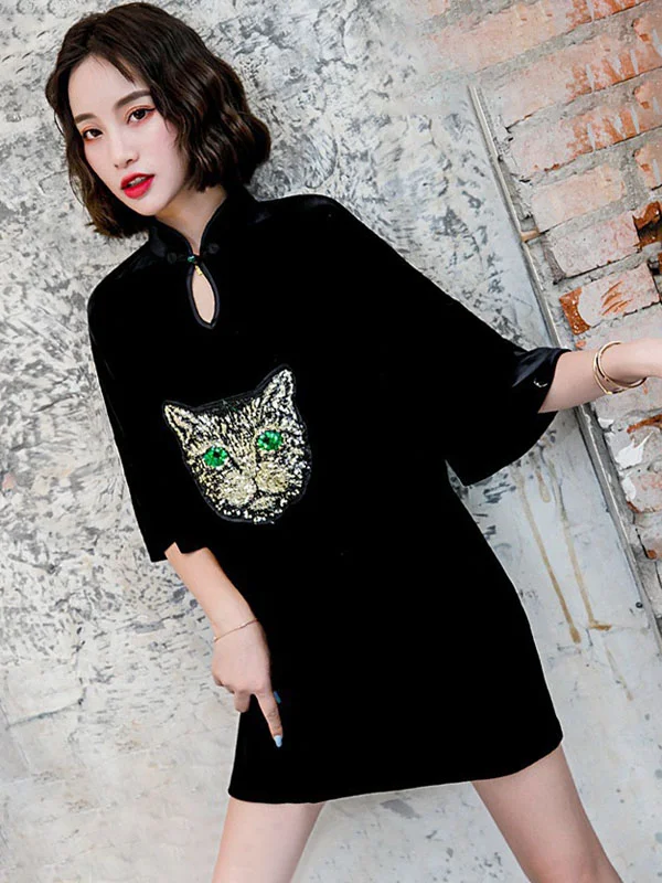 Black Sequined Cat Head Roomy Casual Short Cheongsams