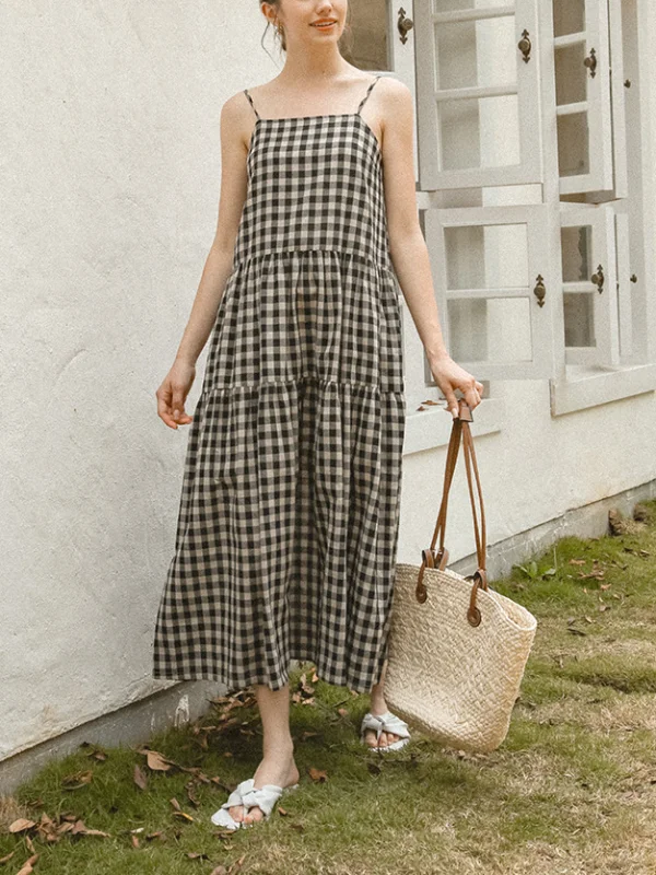 Plaid Literary Vintage Patchwork skirt Maxi Dress