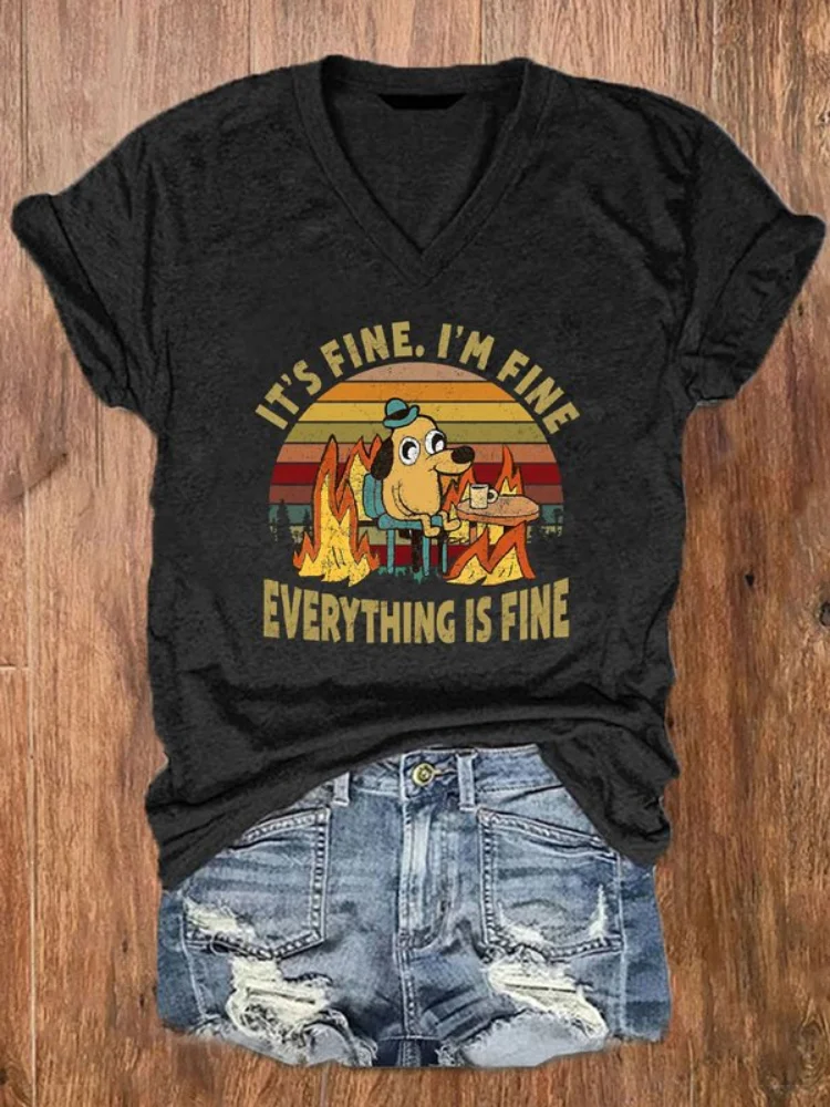Vefave Fire Work Dog And Letters Print Casual T Shirt