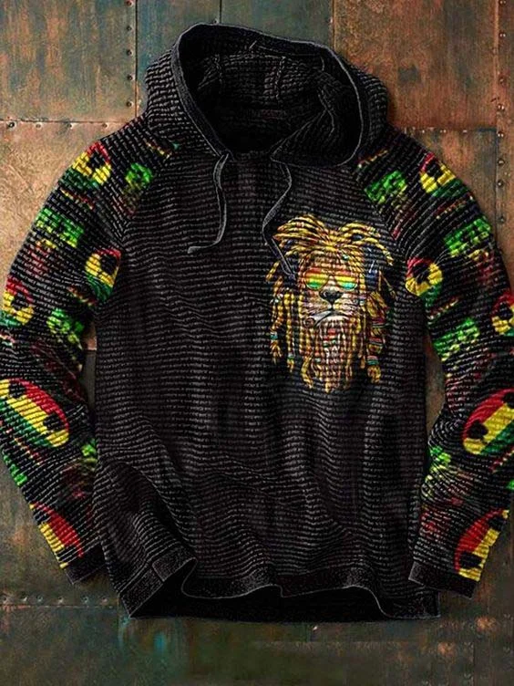 Men's Waffle Multicolor Hip Hop Lion Head Graphic Print Hooded Sweatshirt