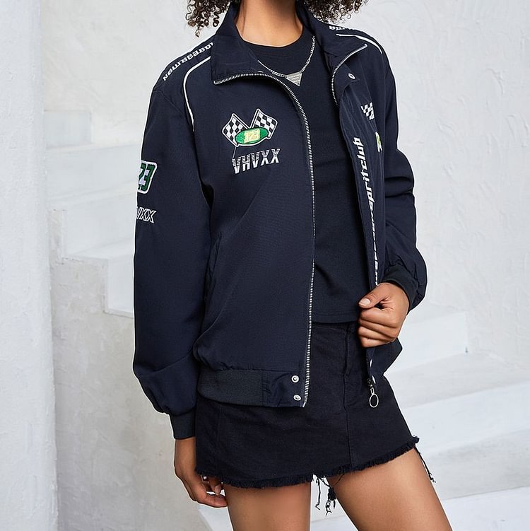 Long Sleeve Lettering Embroidered Loose-Fit Bomber Jacket ZL0
