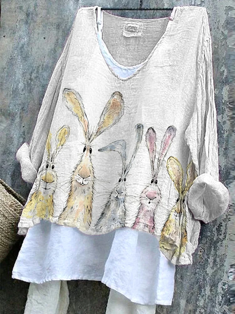 Comstylish Watercolor Bunny Print Linen Blend Casual Shirt