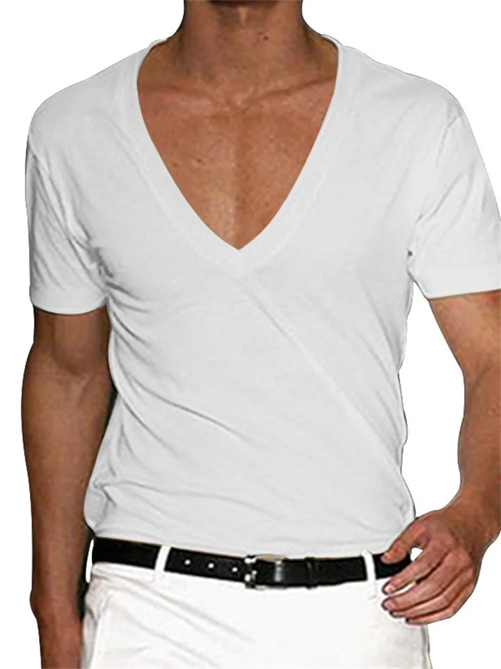 Men's Short-sleeved V-neck T-shirt Slim Solid Color Casual Short-sleeved White Blue Black Green Khaki Gray Red-JRSEE