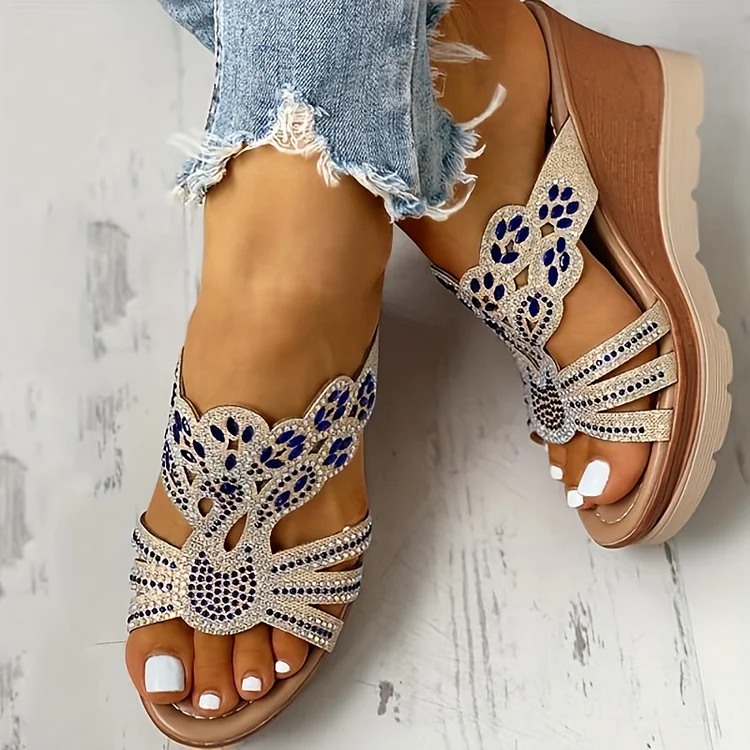 Women's Rhinestone Cut-out Wedge Sandals, Open Toe Non-slip Slides Shoes, Lightweight Outdoor Slippers