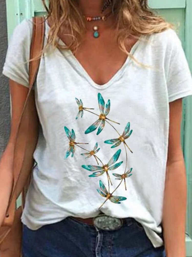 Dragonfly Print V neck Short Sleeve Casual T shirt For Women P1722507