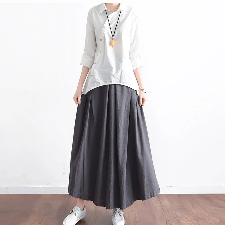 Grey long linen maxi skirt pockets pleated skirts
