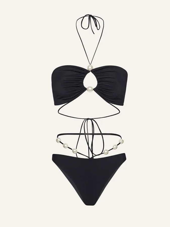 Halterneck Pearl Bandeau High Waist Bikini Swimsuit and Sarong