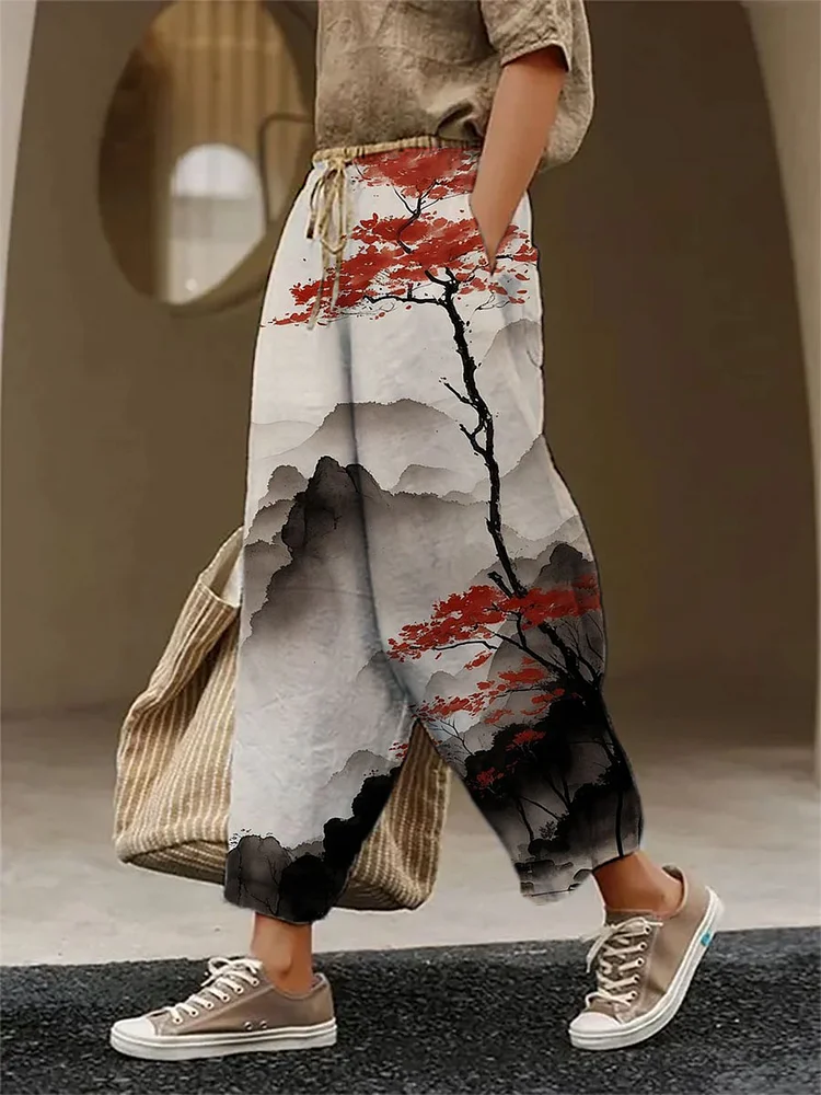 Women's Ink Landscape Painting Art Print Casual Wide Leg Pants socialshop