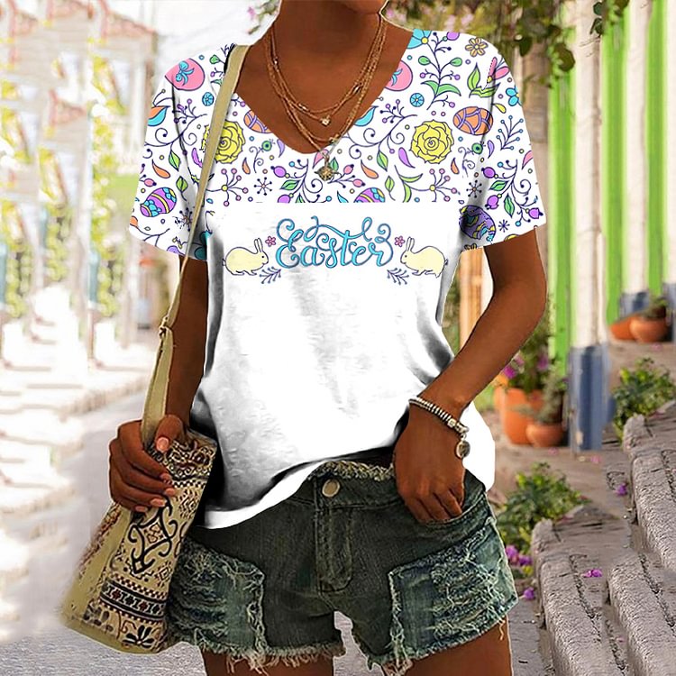 Comstylish Casual Easter Floral Bunny Print T-Shirt