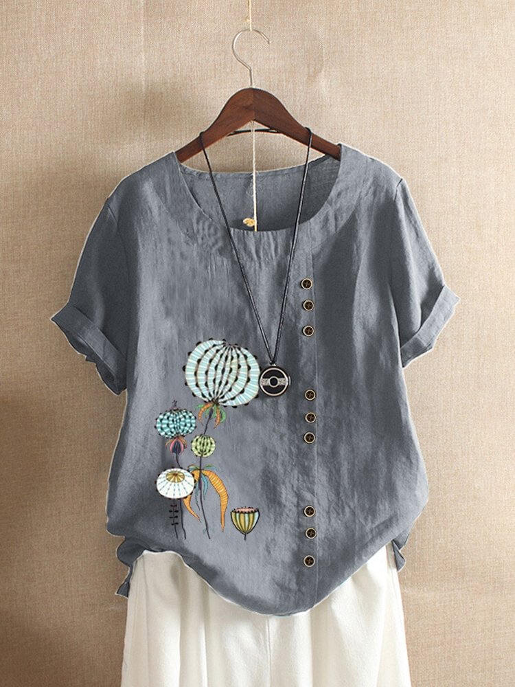 Women Cartoon Floral Printed Button O Neck Short Sleeve T shirt P1654995
