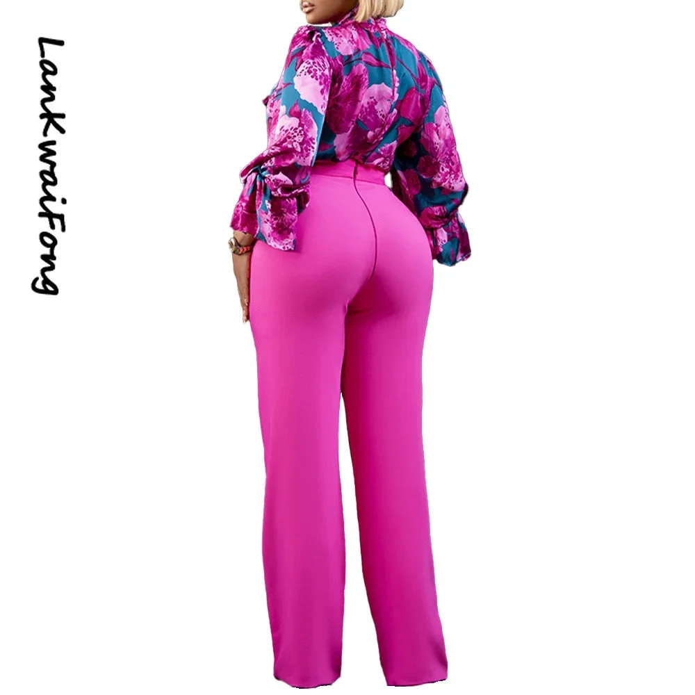 Tlbang 2023 New 2 Piece Women's Flower Print Top Shirt Pants Suit Sexy Casual Commuter Elegant Clothing Lace-up Wide-leg Pants