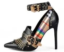 TAAFO Mary Jane Shoes in Women's Pumps High Tartan Heels Plaid Dress Shoes with Rivets Ankle Strap Buckle Women Shoes