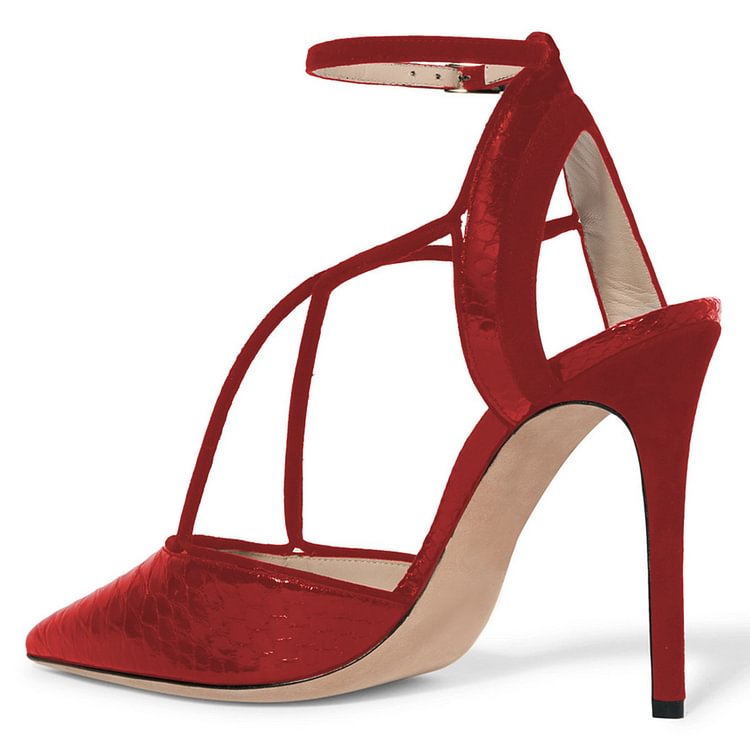 Burgundy Heels Pointy Toe Stiletto Heels Python Pumps Office Shoes |FSJ Shoes