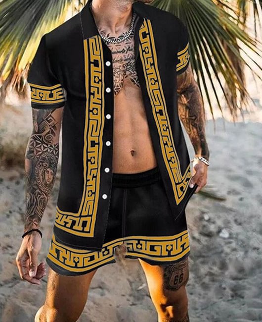 Vacation Casual Calico Lapel Collar Short Sleeve Shirt & Shorts 2Pcs Set
