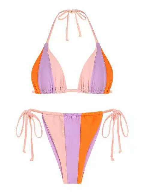 Plain Color Patchwork Open BackSplit Bikini