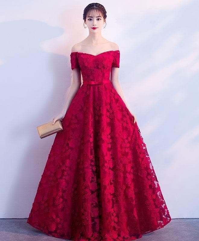 Burgundy Lace Long Prom Dress, Burgundy Lace Evening Dress