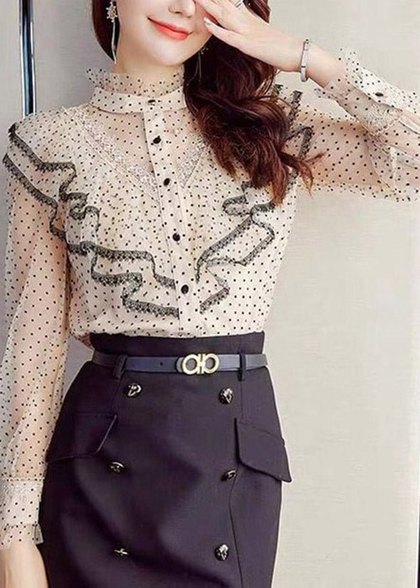 Women Apricot Stand Collar Ruffles Button Dot Chiffon Shirt
