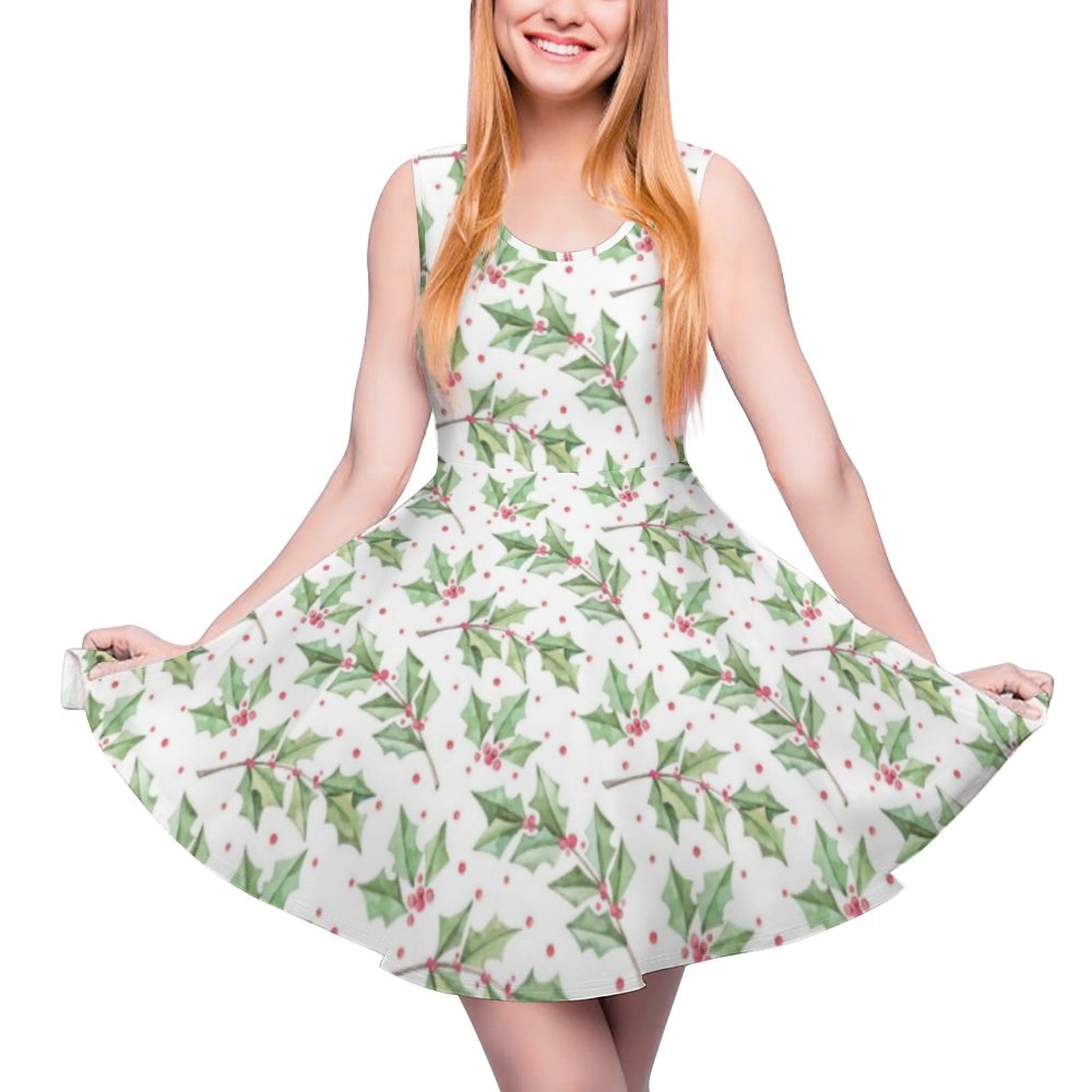 Christmas Watercolor Red Green Holly Berries Legg Sleeveless Mini Skater Dresses Red-3XL