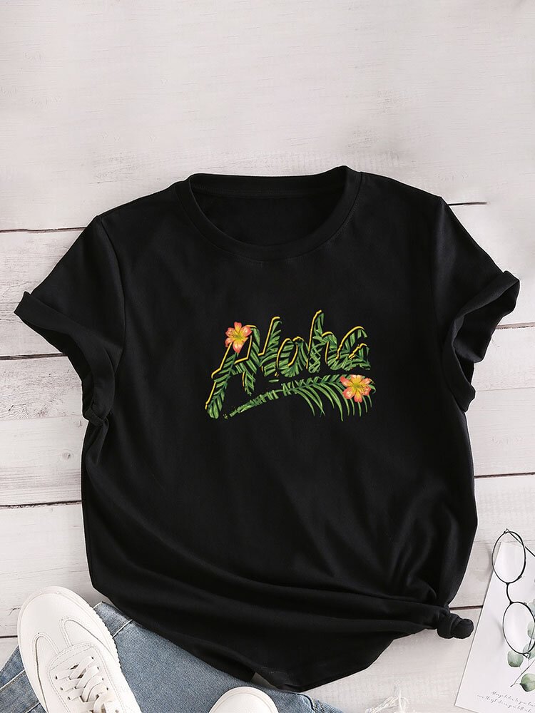 Flower Print O neck Short Sleeve Casual T Shirt For Women P1825457