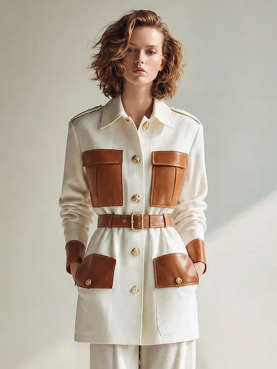 Women's Vintage Utility Contrast-Leather Collared Belted Single-Breasted Long-Sleeve Jacket MD