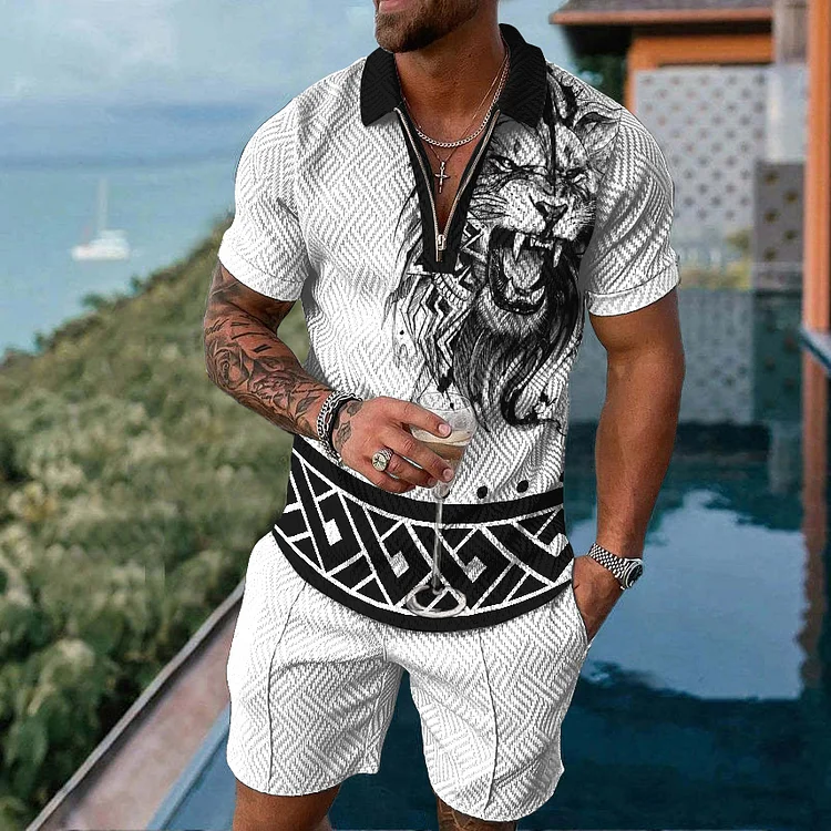 Broswear Causal Lion Pattern Print Short Sleeve Polo Shirt And Shorts Co-Ord