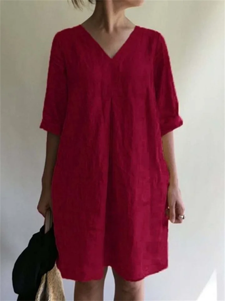 Summer V-neck Solid Color Cotton Linen Loose Dresses Women-JRSEE