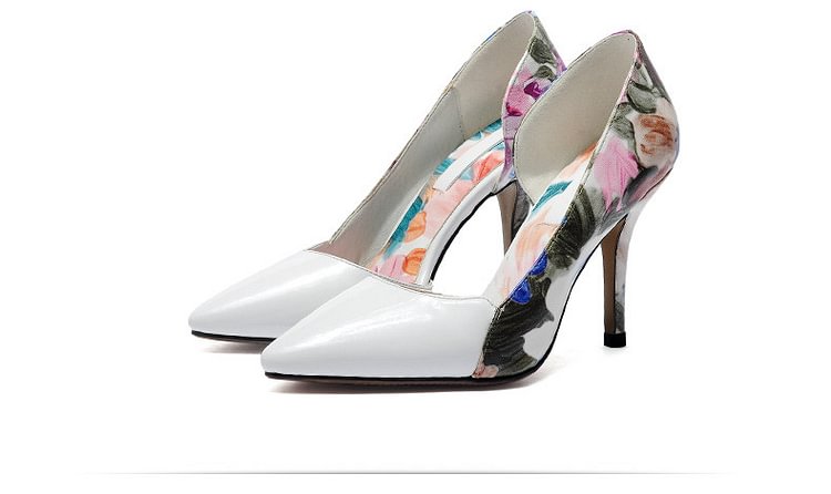 White Floral Heels Pointy Toe D'orsay Pumps Women's Stiletto Heels |FSJ Shoes
