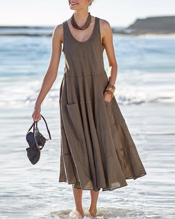 Paneled Solid Pockets Sleeveless Casual Midi Dress - Chicaggo