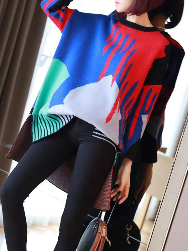 Loose Contrast Color High-Low Knitting Sweater