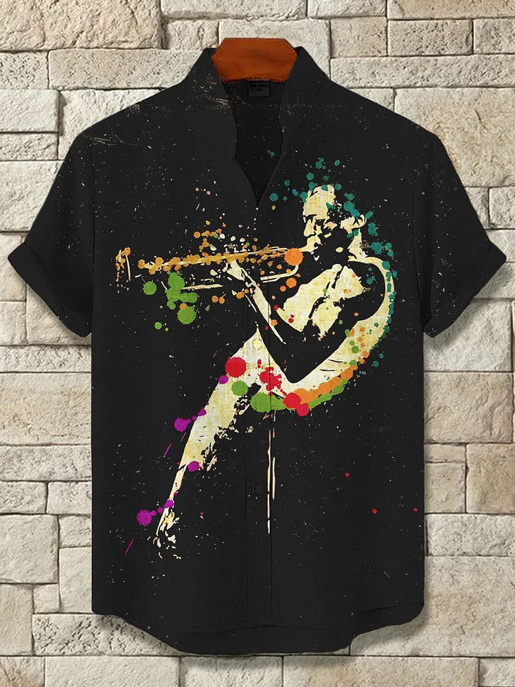 Men's Jazz Trumpet Player Splash Ink Art Print Casual Short Sleeve Shirt