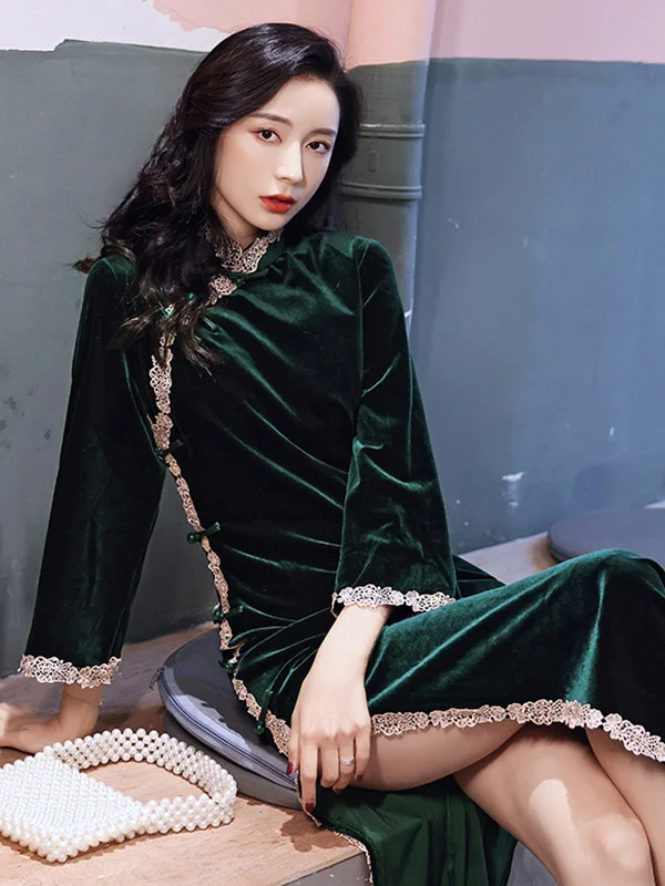 Velvet Applique Stand Collar Long Cheongsams
