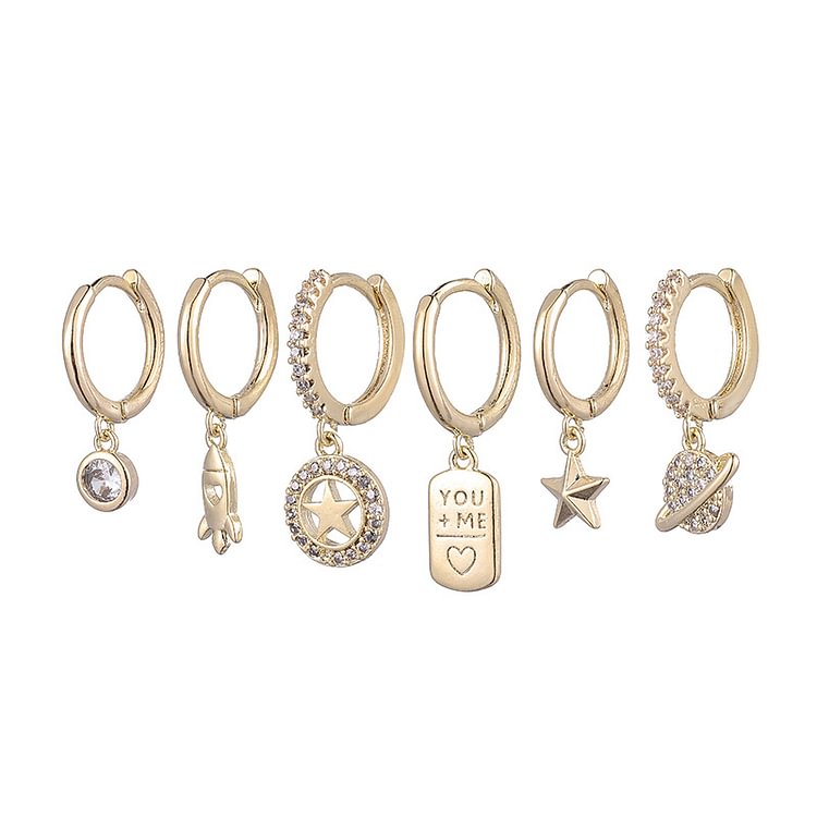 6 Pcs Rocket Planet Zircon Ear Buckle Set