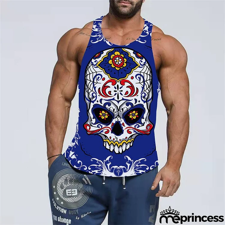 Men Summer Fashion Casual Personalized Skull 3D Printed Round Neck Plus Size Vest