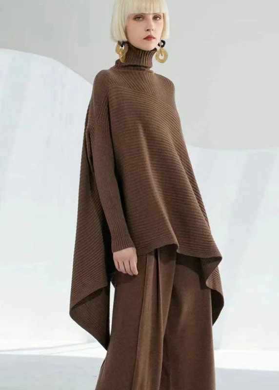 DIY Chocolate Turtle Neck Asymmetrical Wool Sweater Tops Long Sleeve