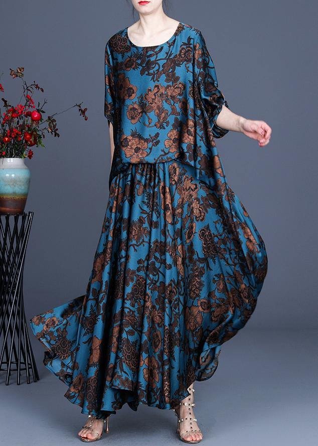 Silk floral irregular dress blue
