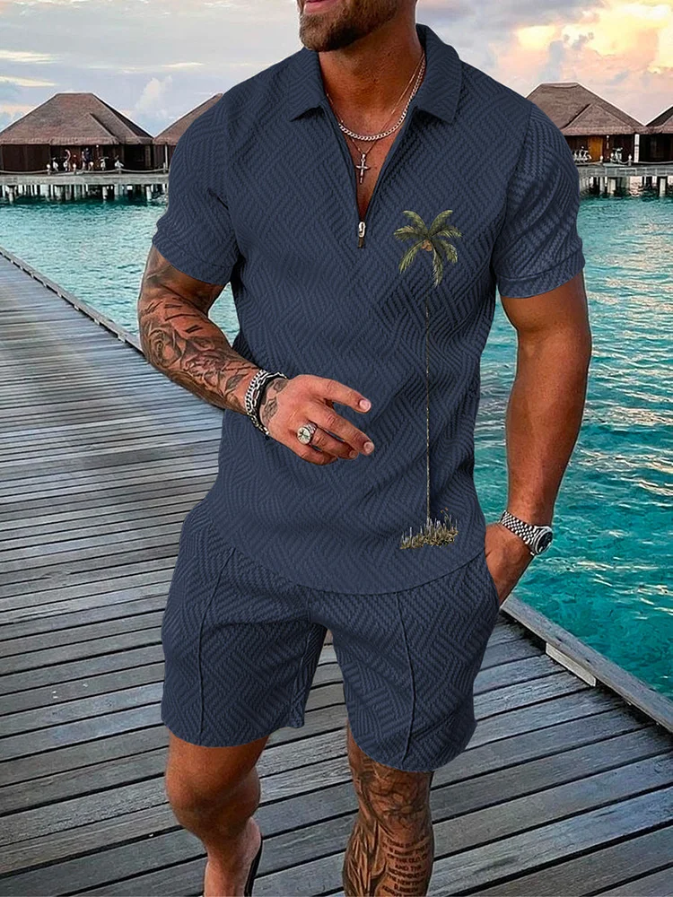 Men's Coconut Tree Zip Polo Shirt and Shorts Two-Piece Suits