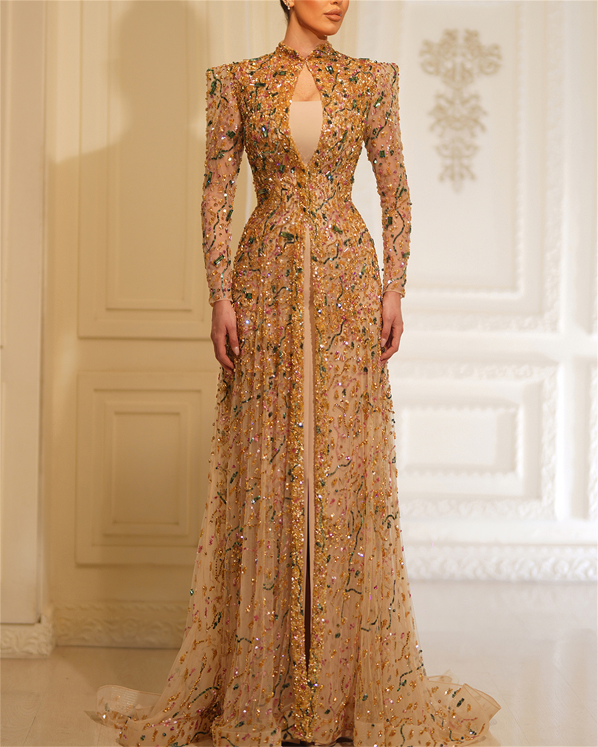 Women's Sequin Applique Mesh Sleeve Evening Dress With Heavy Duty Hem